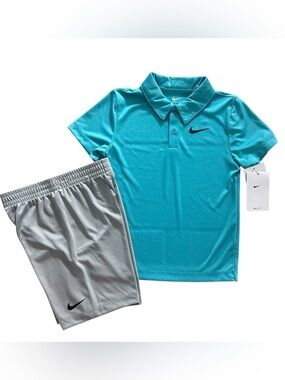 Nike Boys Dri-Fit 2 Piece Set Polo Shirt & Shorts Teal Gray Size 6 NWT